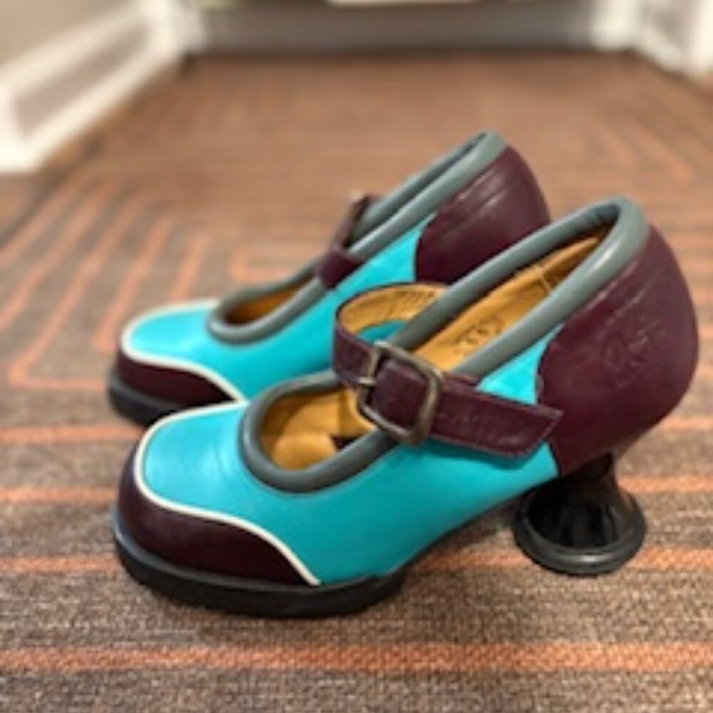 Mini  Gorgeous Low-Heeled Mary Jane Turquoise & Burgundy